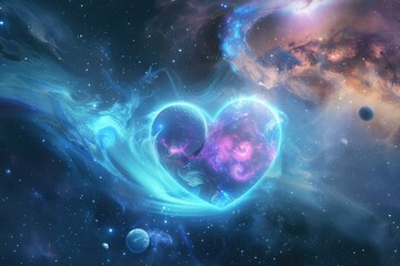 Abstract cosmic hearts in a surreal galaxy - Two hearts in a cosmic embrace with nebulae and planets symbolizing love's infinite possibilities