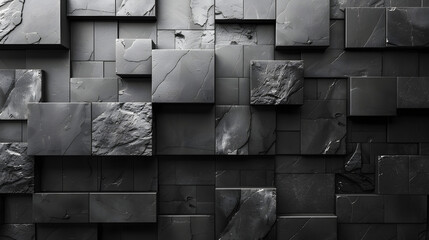 A dynamic pattern of precisely arranged black stone tiles with differing textures suggesting ruggedness and elegance - obrazy, fototapety, plakaty