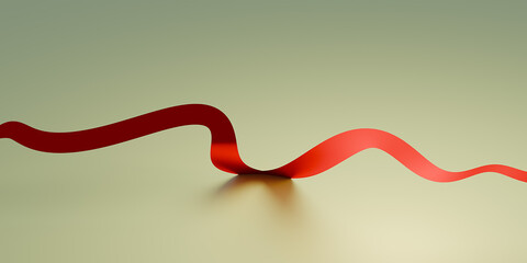 Elegant red ribbons decoration, curly ribbon isolated on bokeh beige background. 3d render.