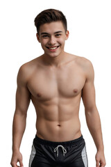 Fototapeta premium Young man in swimming trunks, smiling and looking at the camera, isolated, transparent background, no background. PNG.