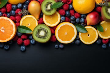 Vibrant greek style fruit background with space for text, top view, realistic design