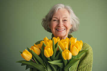 Serene senior woman with stylish silver hair showcases captivating smile, surrounded by sea of sun-kissed yellow tulips, a picture of spring elegance.