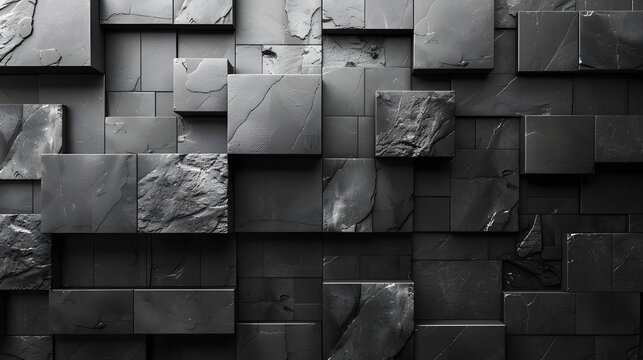 A dynamic pattern of precisely arranged black stone tiles with differing textures suggesting ruggedness and elegance