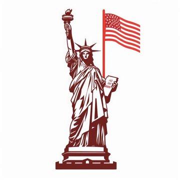 Graphic of Statue of Liberty with flag - An iconic illustration of the Statue of Liberty holding a torch and a flag represents freedom and democracy