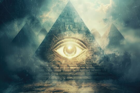 Mystical Eye and Pyramids in Stormy Scene - A captivating image of an eye atop a pyramid, similar to the Great Seal, amidst a tumultuous stormy backdrop with two more pyramids