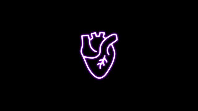 Neon Abstract purple human heart. 3D realistic isolated human heart. purple neon human heart on black background. Medical structure of the neon human heart.