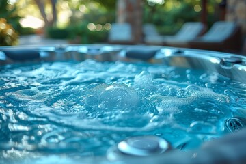 This image captures the soothing texture of bubbles and ripples in the bright blue water of a relaxing hot tub - obrazy, fototapety, plakaty