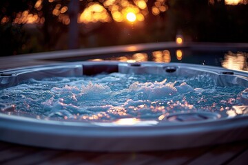 Twilight descends upon a tranquil hot tub, evoking a sense of peace and romance in the gentle evening light