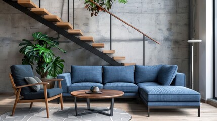 Scandinavian interior design of modern living room, home. Blue sofa under staircase against concrete wall.