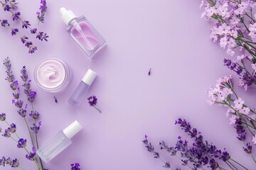 Cosmetic products and lavender flowers on lilac background, flat lay. Space for text.