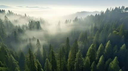 An awe-inspiring aerial view of a Redwood forest in the early morning - obrazy, fototapety, plakaty