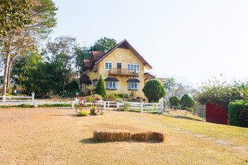 Obraz premium A Tiny Yellow Home at farm in morning,Countryside concept.