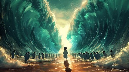 illustration of Moses split the red sea, split the water, miracle - obrazy, fototapety, plakaty