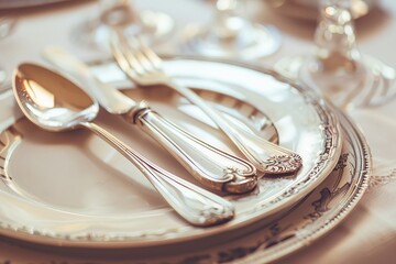 Image of cutlery sets and plates. Party theme. Space for text.