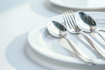 Image of cutlery sets and plates. Party theme. Space for text.