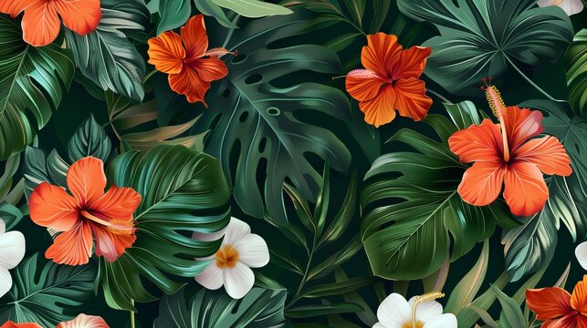 Vibrant floral pattern featuring tropical flowers, lush palm and jungle leaves, vibrant hibiscus, and exotic bird of paradise flowers. Perfect for tropical-themed designs and Hawaiian-inspired décor.