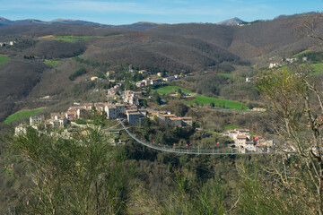 Picturesque view of Sellano medieval town on the mountains of Umbria region, Italy