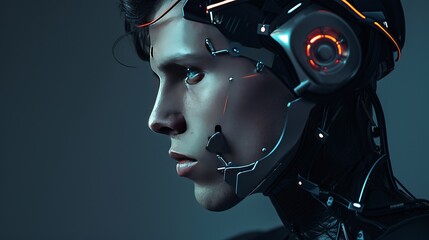 Profile portrait of a stylish, handsome cyborg with a futuristic aesthetic. - obrazy, fototapety, plakaty