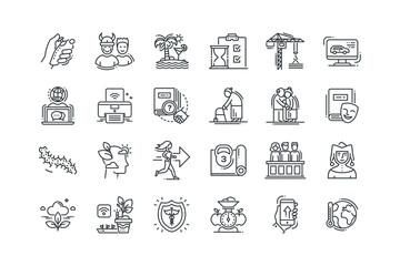 Caterpillar,Chat,Computer,Crane,Deadline,Exotic recreation,Fans,Gamepad,Global technology,Global warming,Hand with phone,Healthyfood,Insurance,Jester,Jury,Kettlebell,set icons, vector illustration