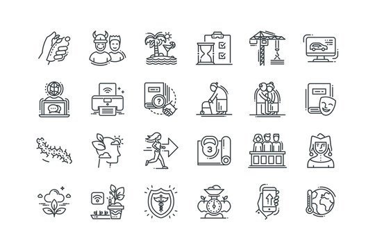 Caterpillar,Chat,Computer,Crane,Deadline,Exotic recreation,Fans,Gamepad,Global technology,Global warming,Hand with phone,Healthyfood,Insurance,Jester,Jury,Kettlebell,set icons, vector illustration