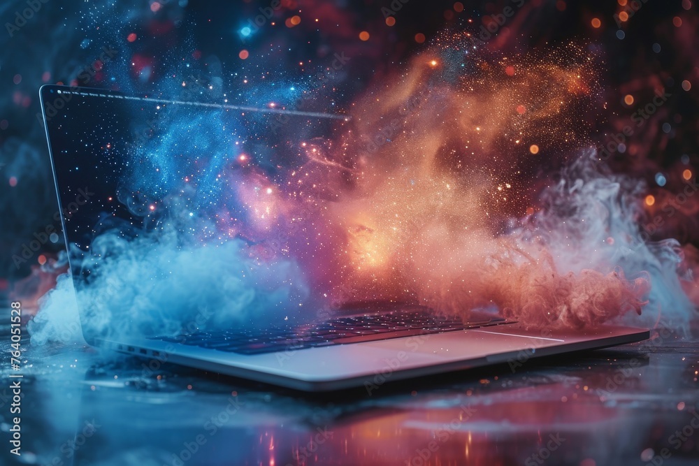 Wall mural a digital creation of an explosive cosmic event emerging from a laptop screen, blending technology w