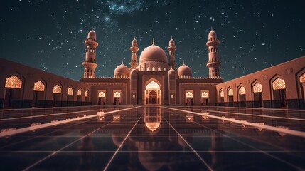 Enchanting Middle Eastern mosque under serene night sky, rendered in simplistic geometric shapes.