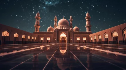 Fotobehang Enchanting Middle Eastern mosque under serene night sky, rendered in simplistic geometric shapes. © SULAIMAN