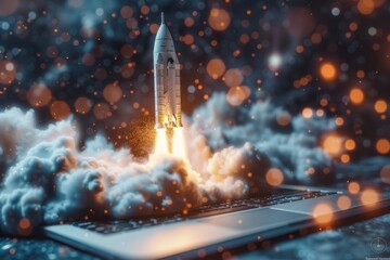 A dramatic digital artwork showing a space shuttle's lift off from a laptop amidst sparkling golden particles - obrazy, fototapety, plakaty