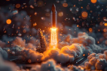 A captivating digital depiction of a rocket launching beside a scaffold on a laptop, illustrating technological progress