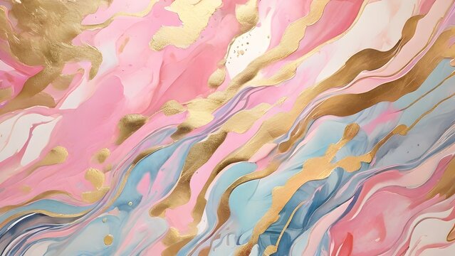 Abstract watercolor paint background illustration - Soft pastel pink blue color and golden lines, with liquid fluid marbled paper texture
