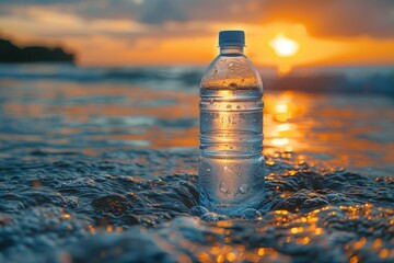 A single water bottle stands on textured wet sand, basking in the soft, golden hues of the sunset