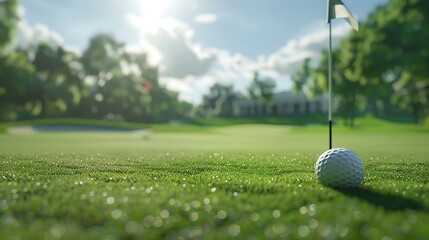 Golf ball at the hole on the green lawn of the course. Golfing and sports equipment concept. Close-up subject shot for wallpaper, poster, commercial 