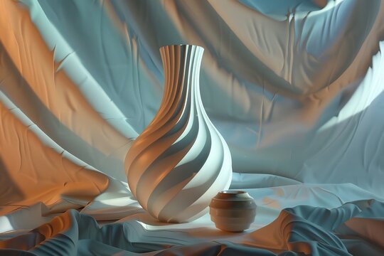 Wavy white ceramic vase on the studio background. Pottery and contemporary art concept. Interior design view for wallpaper, decor, poster, flyer - Powered by Adobe
