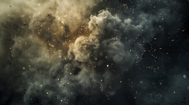 Abstract illustration of explosion or natural disaster with smoke clouds, fire sparks, stones fragments, flying up embers, burning cinder. Banner for military operations, catastrophes, war games, ads.