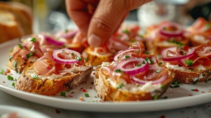 Hand garnishing open-faced ciabatta sandwiches with prosciutto, cream cheese, red onion, and chives on a white plate - obrazy, fototapety, plakaty