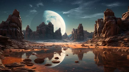 Fotobehang alien landscape with lake, rock formations, moons and stars created © SULAIMAN