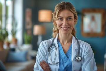 A female doctor with blonde hair, wearing a blue scrub and a stethoscope, smiling confidently in a modern clinic