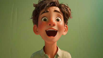 Animated portrait of a joyful boy showing excitement, with a wide smile and green backdrop.