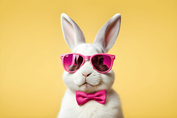 Funny easter concept holiday animal celebration greeting card - Cool easter bunny, rabbit with pink sunglasses, isolated on yellow background