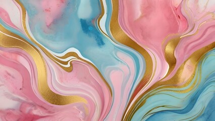 Abstract watercolor paint background illustration - Soft pastel pink blue color and golden lines, with liquid fluid marbled paper texture
