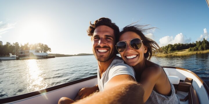 couple in love on a boat selfie Generative AI