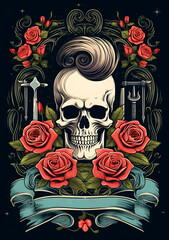 Vintage poster design with a skull, hair scissors and roses for barbershop
