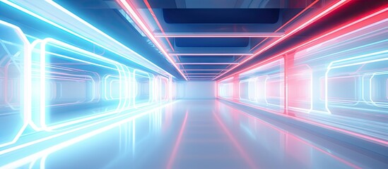 A close up view of a lengthy corridor brightly lit with vibrant neon lights