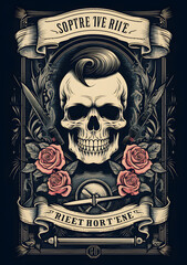 Vintage poster design with a skull, hair scissors and roses for barbershop