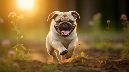 Purebred pug dog runs merrily in nature, photos in dynamics. A playful pug frolics on a walk. The world of pets. Sports for animals, outdoor walks, dog health. The dog runs merrily to his master