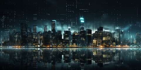 Fototapeta na wymiar night city with skyscrapers digitalization Generative AI