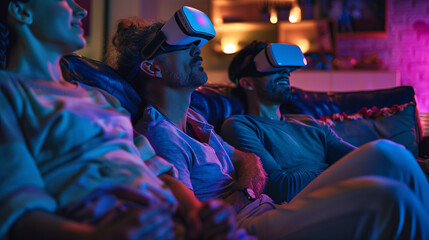A family sits together on a sofa, each person deeply engaged in a shared virtual reality experience, strengthening bonds