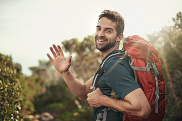 Man, hike and hi with smile for adventure with backpack for fitness, workout and hobby in New...