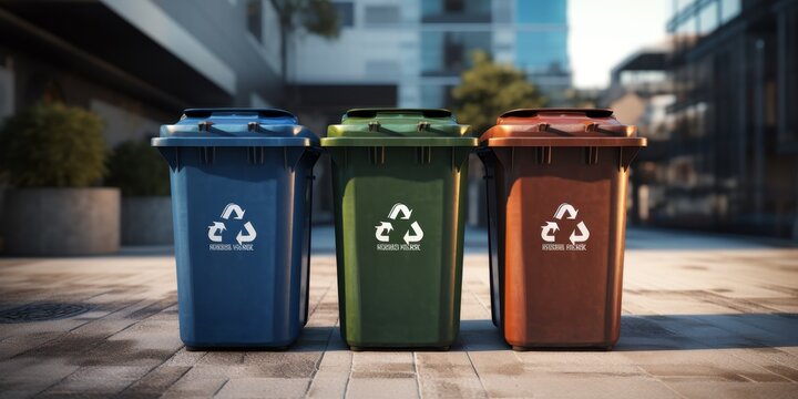 trash cans with recycling symbol Generative AI
