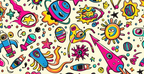 Vibrant space-themed doodle artwork - A colorful and busy image depicting a variety of space-themed doodles such as planets, stars, and spaceships